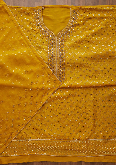 Yellow Sequins Georgette Unstitched Salwar Suit - Koskii