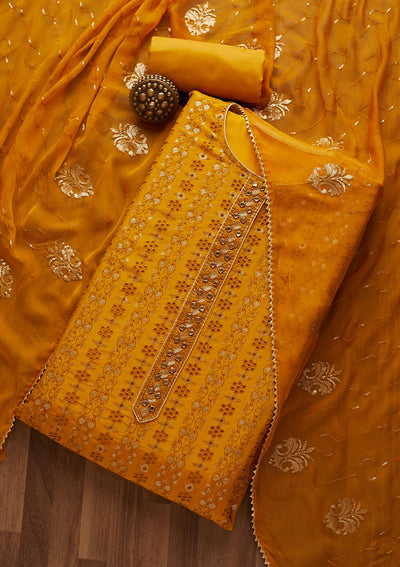 Yellow Sequins Georgette Unstitched Salwar Suit-Koskii