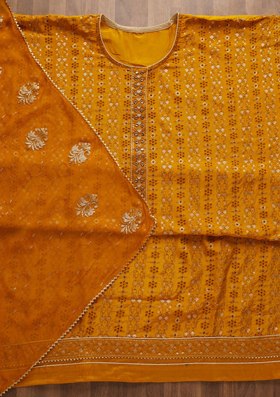 Yellow Sequins Georgette Unstitched Salwar Suit-Koskii