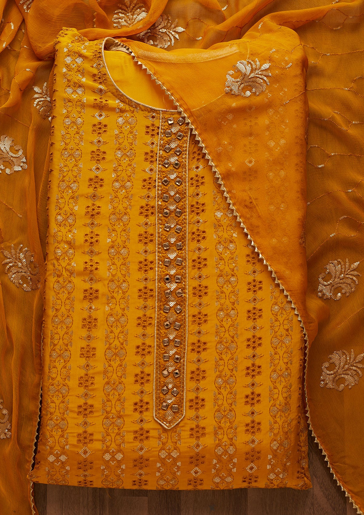 Yellow Sequins Georgette Unstitched Salwar Suit-Koskii