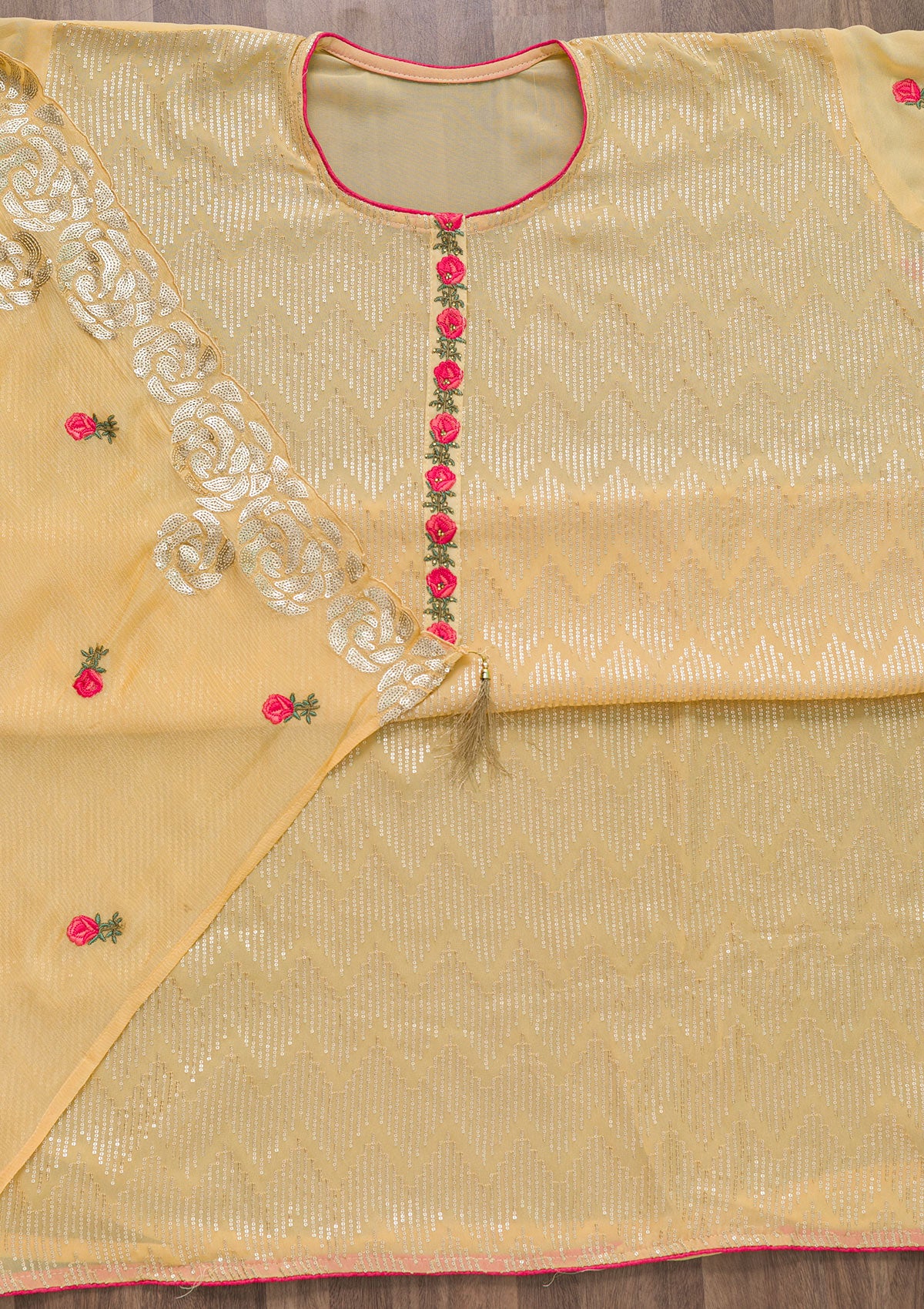 Yellow Sequins Georgette Semi-Stitched Salwar Suit-Koskii