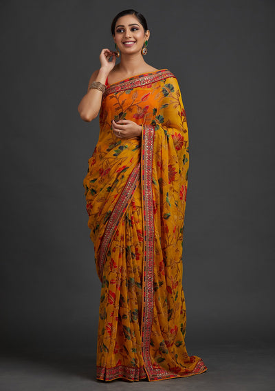 Yellow Sequins Georgette Designer Saree - koskii