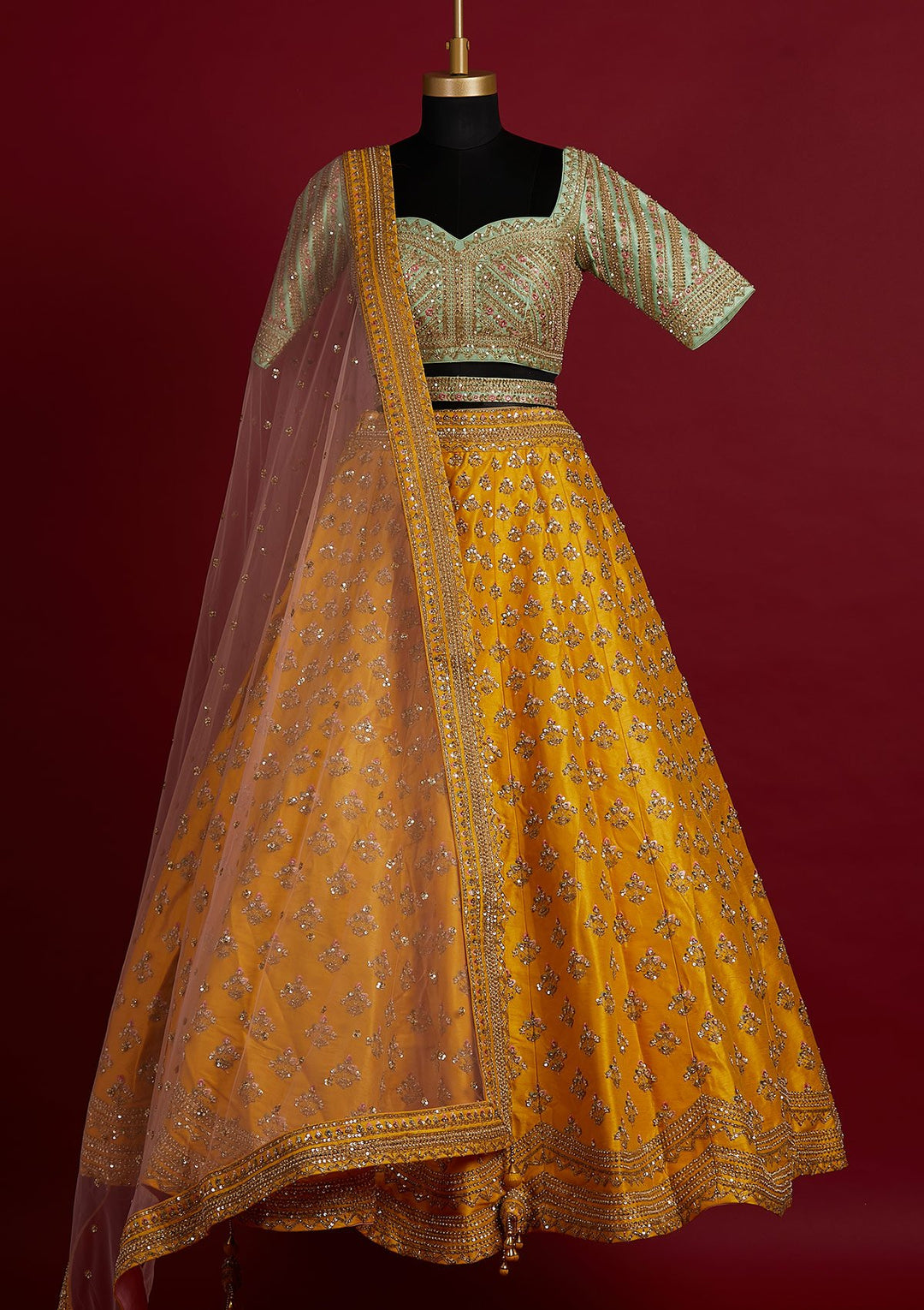 Yellow Sequins Raw Silk Designer Lehenga - koskii