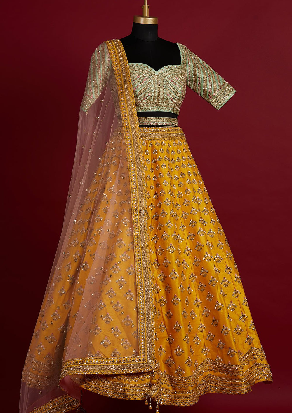 Yellow Sequins Raw Silk Designer Lehenga - koskii