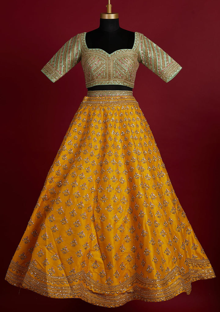 Yellow Sequins Raw Silk Designer Lehenga - koskii