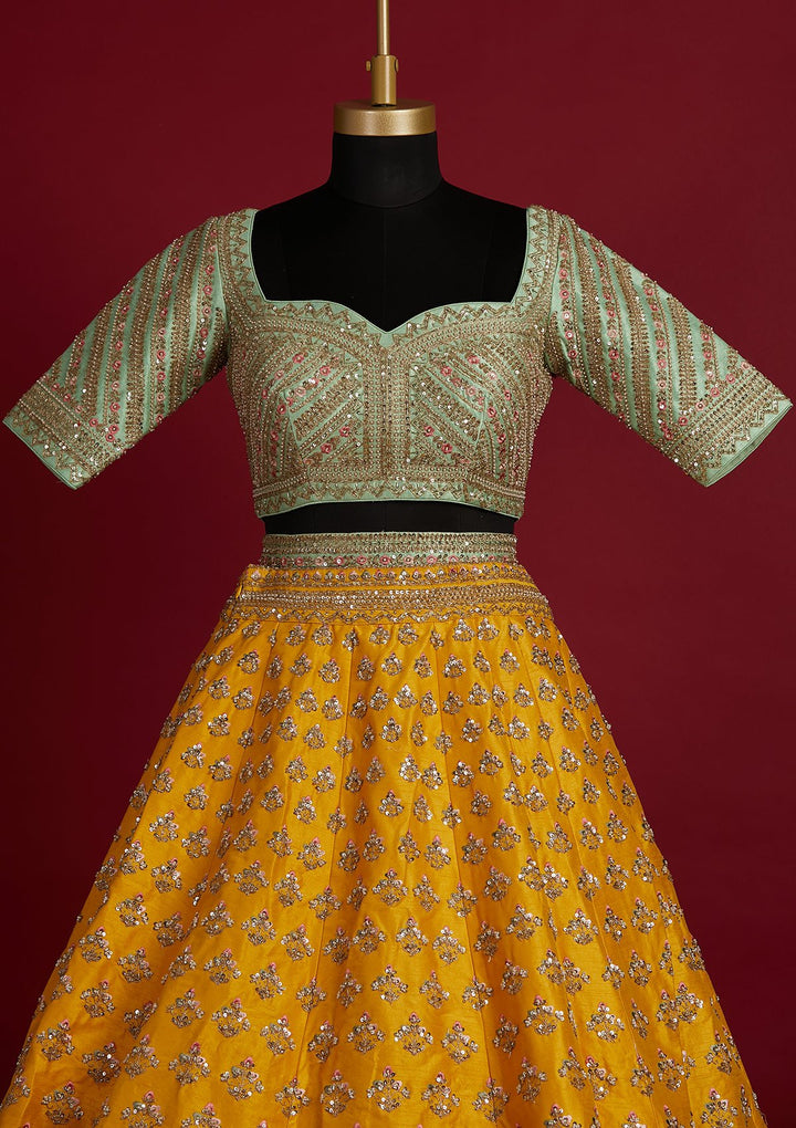 Yellow Sequins Raw Silk Designer Lehenga - koskii