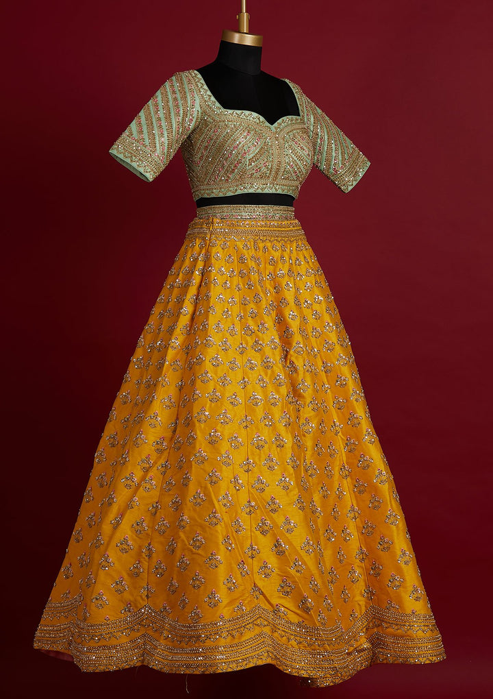 Yellow Sequins Raw Silk Designer Lehenga - koskii