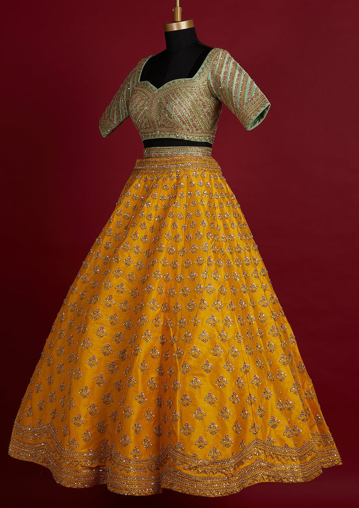 Yellow Sequins Raw Silk Designer Lehenga - koskii