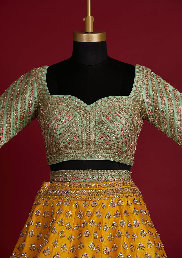 Yellow Sequins Raw Silk Designer Lehenga - koskii