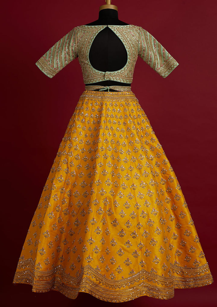 Yellow Sequins Raw Silk Designer Lehenga - koskii