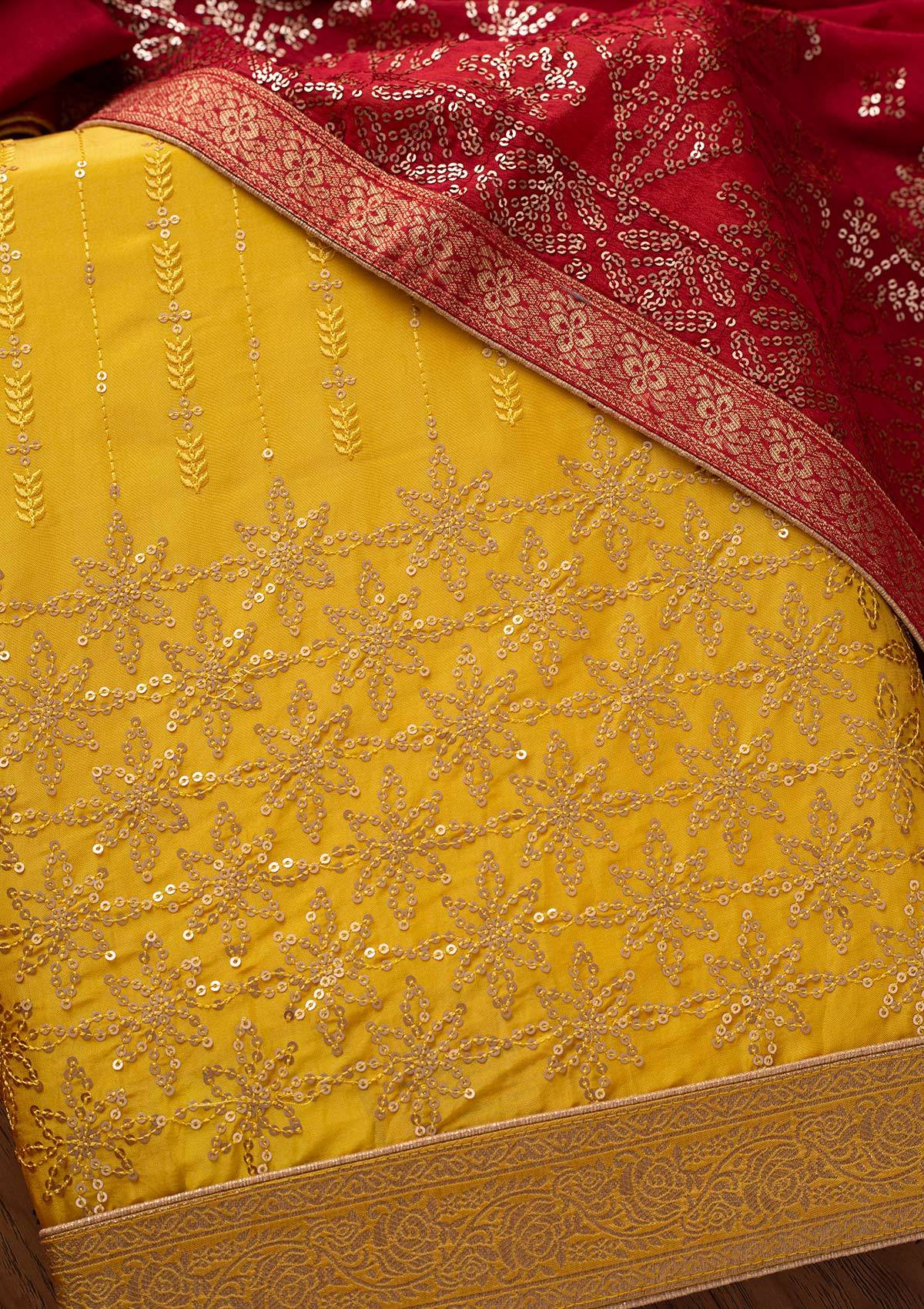 Yellow Sequins Satin Designer Unstitched Salwar Suit - koskii