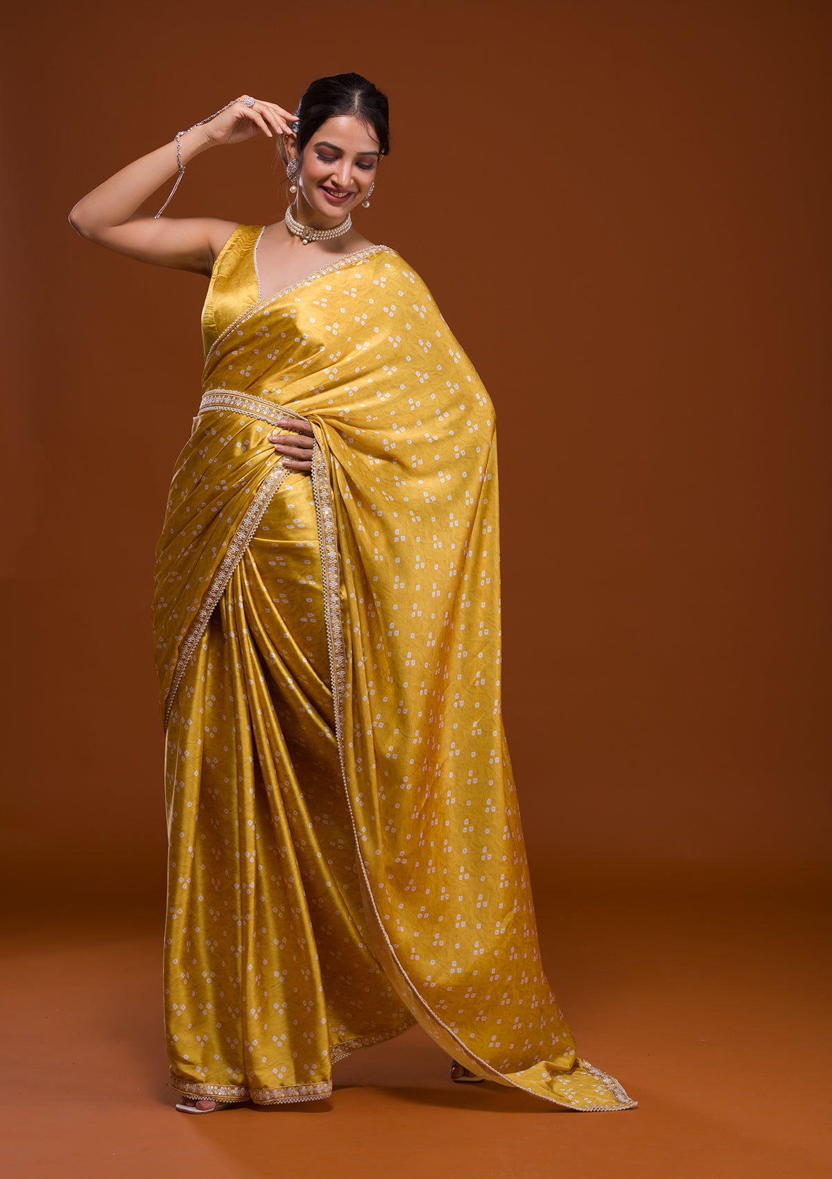 Yellow Bandhani Satin Saree-Koskii