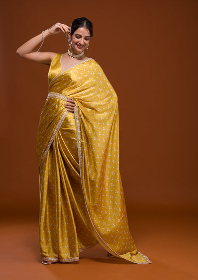 Yellow Bandhani Satin Saree-Koskii