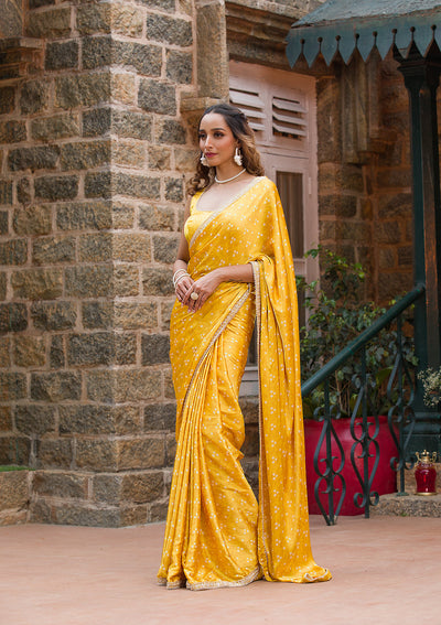 Yellow Bandhani Satin Saree-Koskii