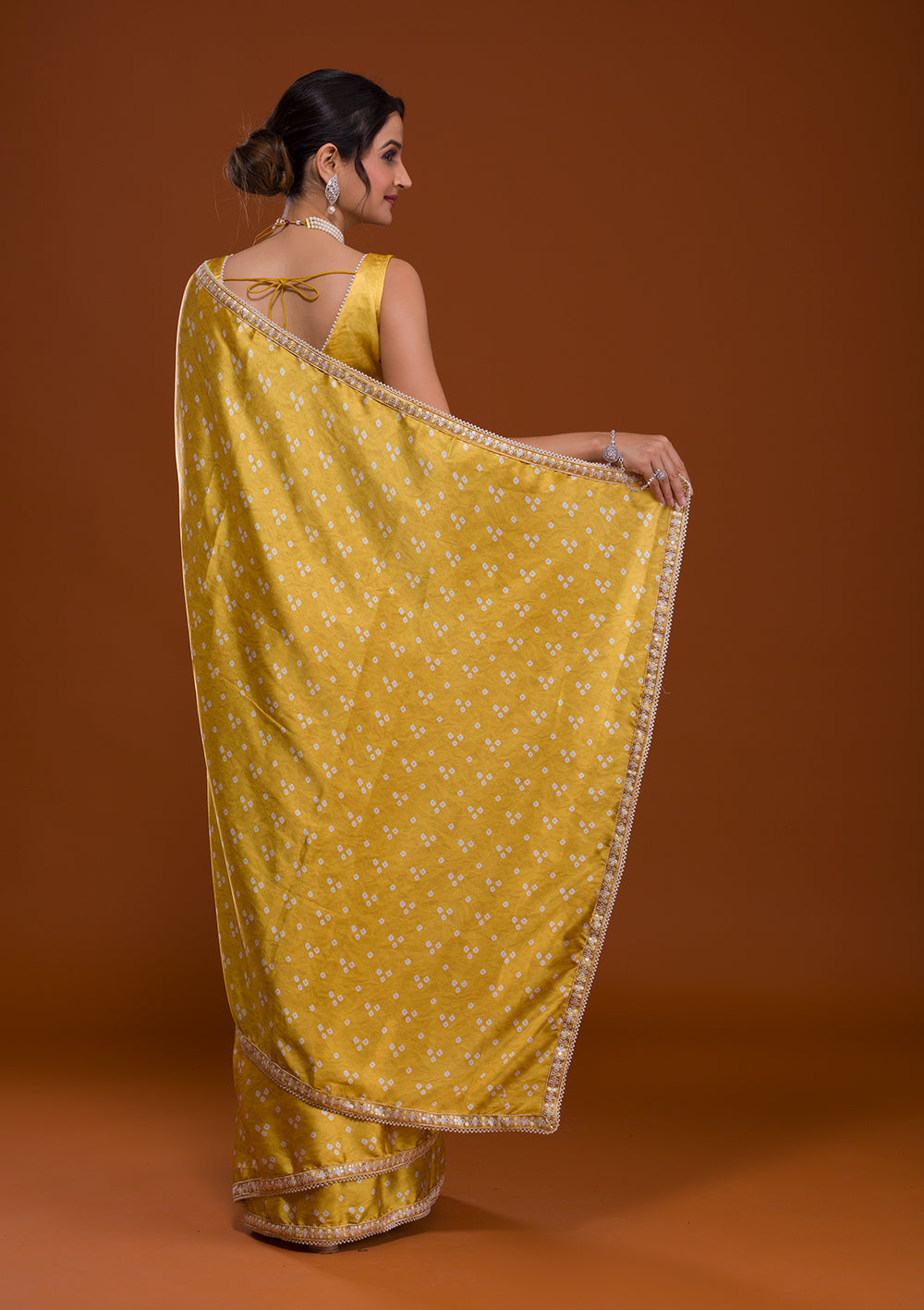 Yellow Bandhani Satin Saree-Koskii