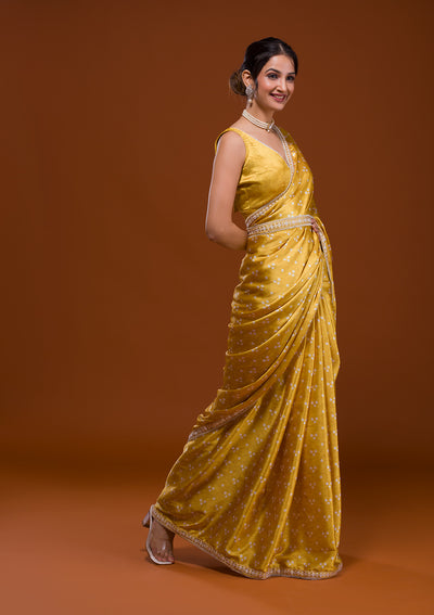 Yellow Bandhani Satin Saree-Koskii