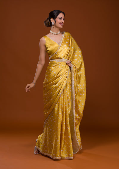 Yellow Bandhani Satin Saree-Koskii