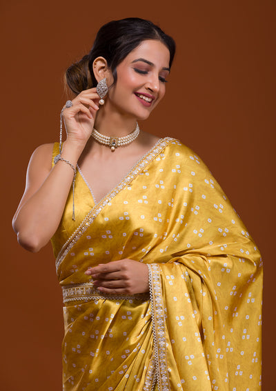 Yellow Bandhani Satin Saree-Koskii