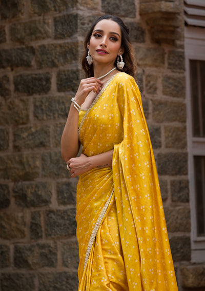 Yellow Bandhani Satin Saree-Koskii