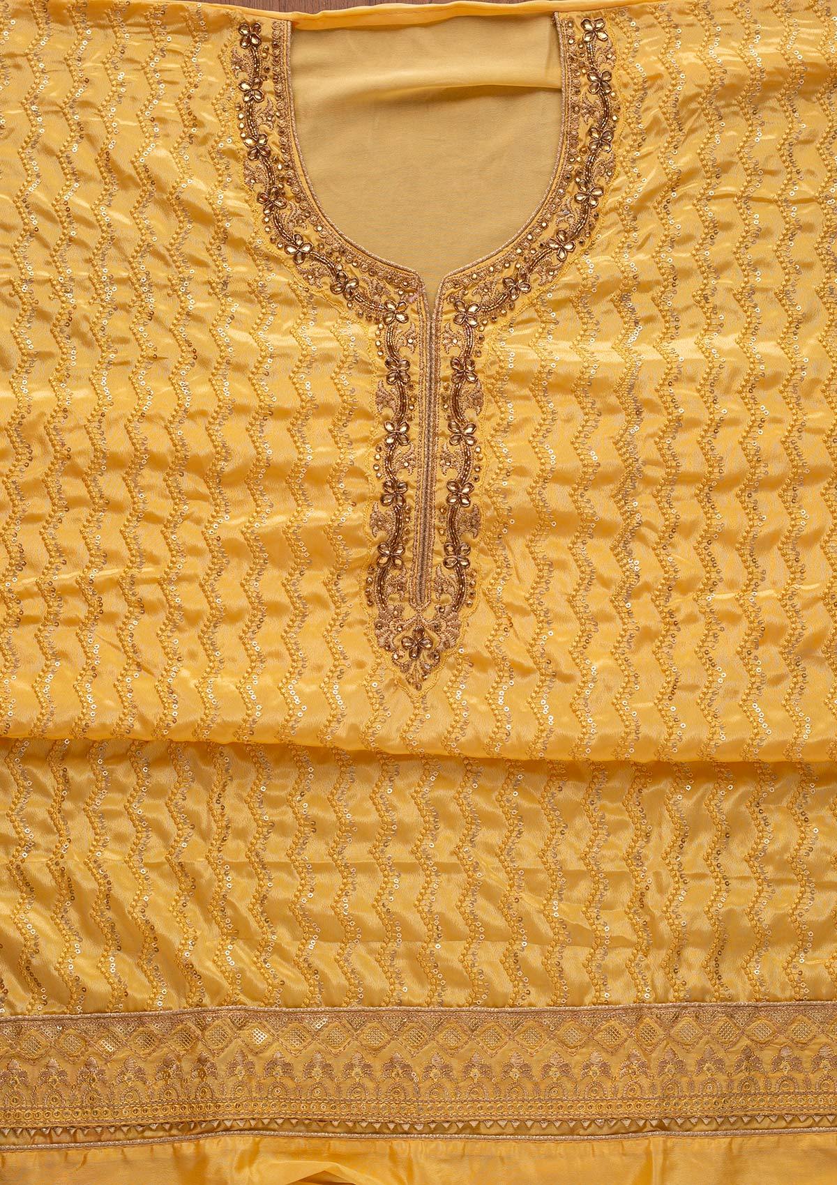 Yellow Sequins Semi Crepe Designer Unstitched Salwar Suit - koskii