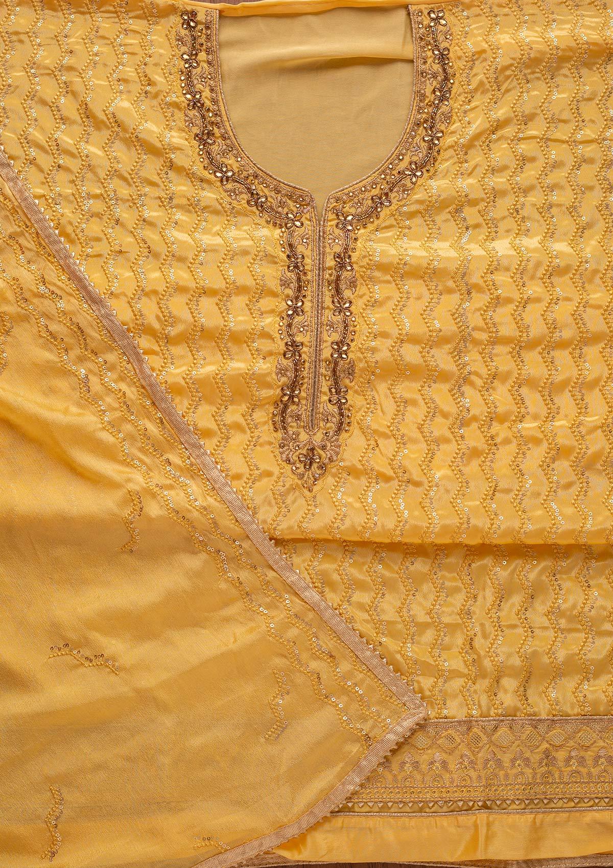Yellow Sequins Semi Crepe Designer Unstitched Salwar Suit - koskii