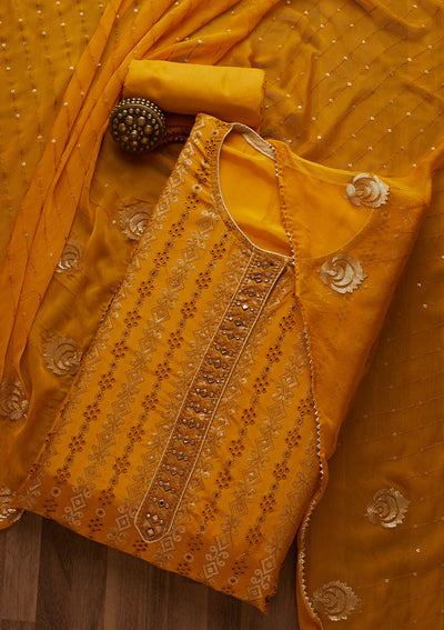 Yellow Sequins Semi Crepe Unstitched Salwar Suit-Koskii