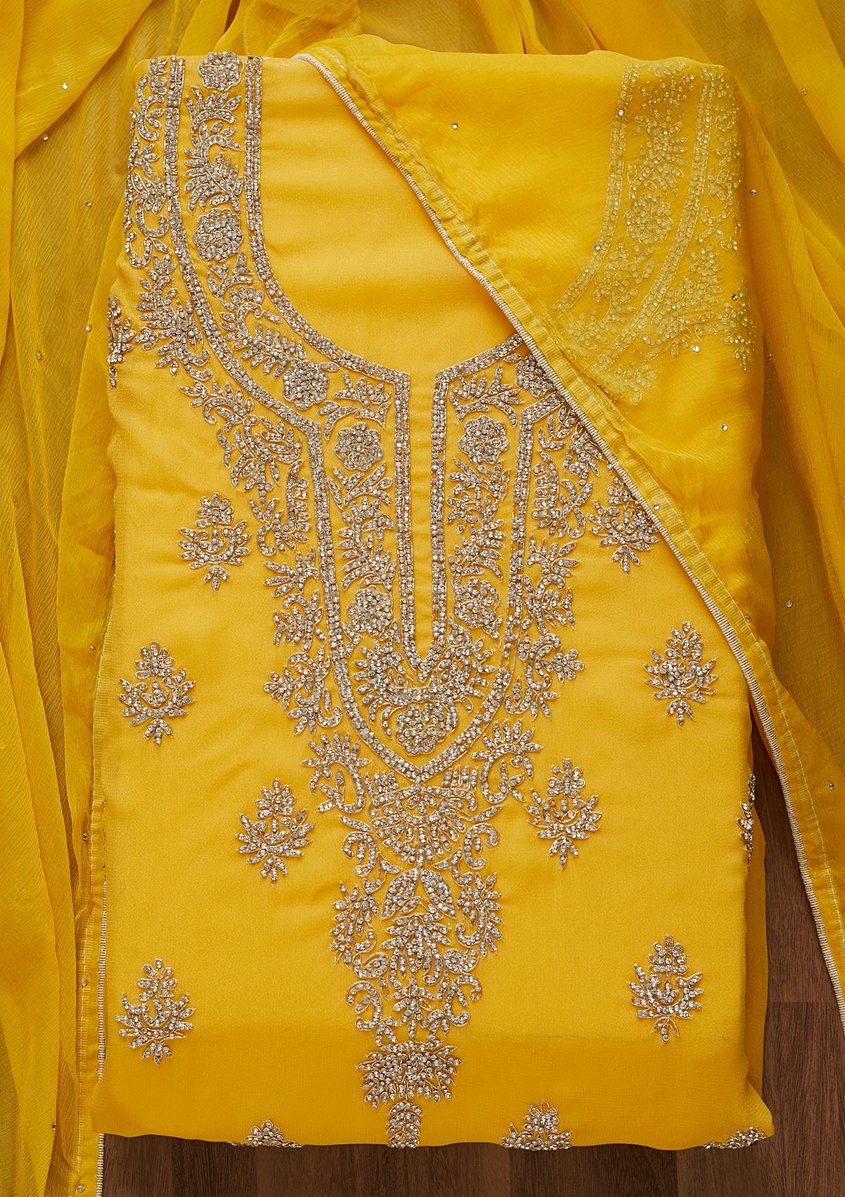 Yellow Silver Stonework Georgette Unstitched Salwar Suit-Koskii