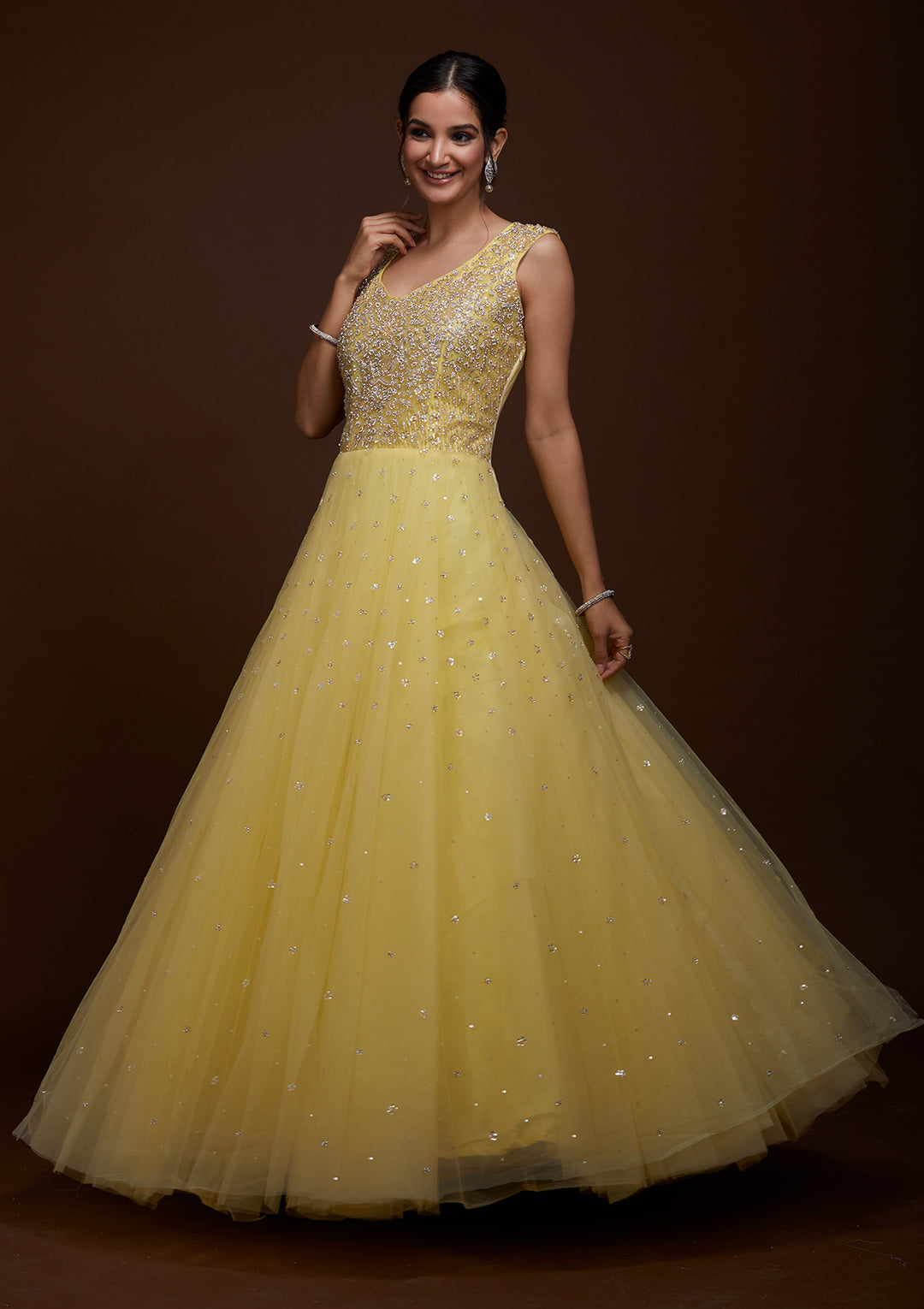 Buy Yellow Stonework Net Gown Koskii