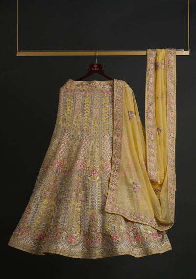 Yellow Silver Stonework Net Designer Semi-Stitched Lehenga - koskii