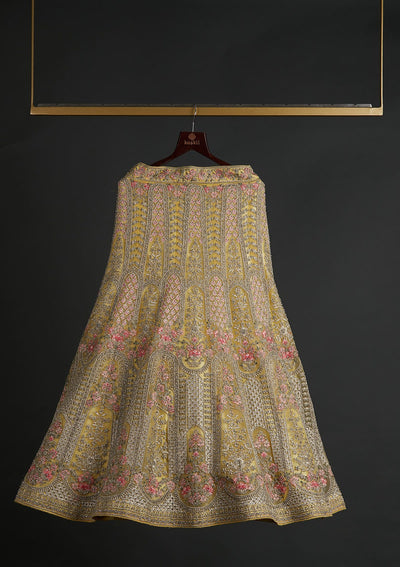 Yellow Silver Stonework Net Designer Semi-Stitched Lehenga - koskii