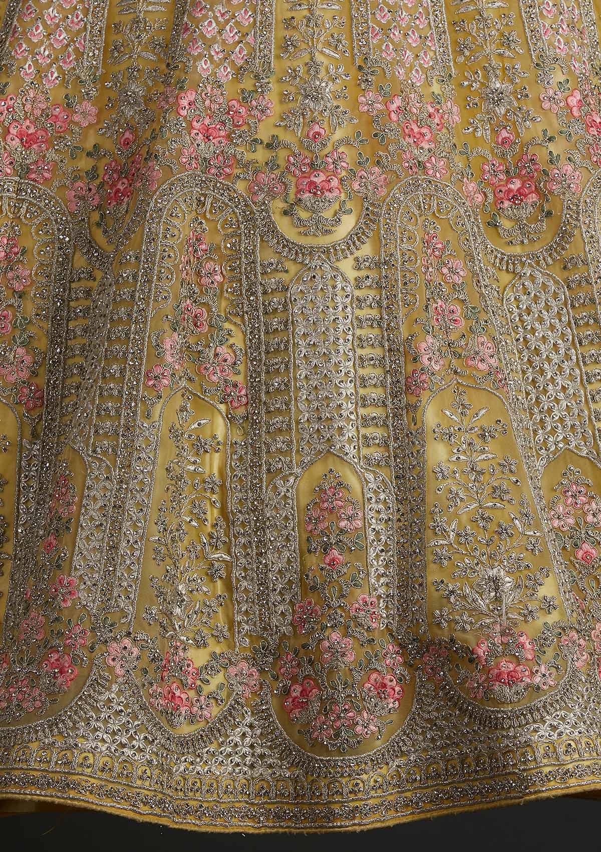 Yellow Silver Stonework Net Designer Semi-Stitched Lehenga - koskii