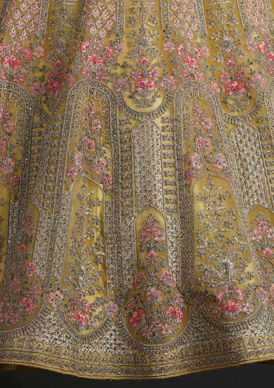 Yellow Silver Stonework Net Designer Semi-Stitched Lehenga - koskii