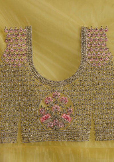 Yellow Silver Stonework Net Designer Semi-Stitched Lehenga - koskii