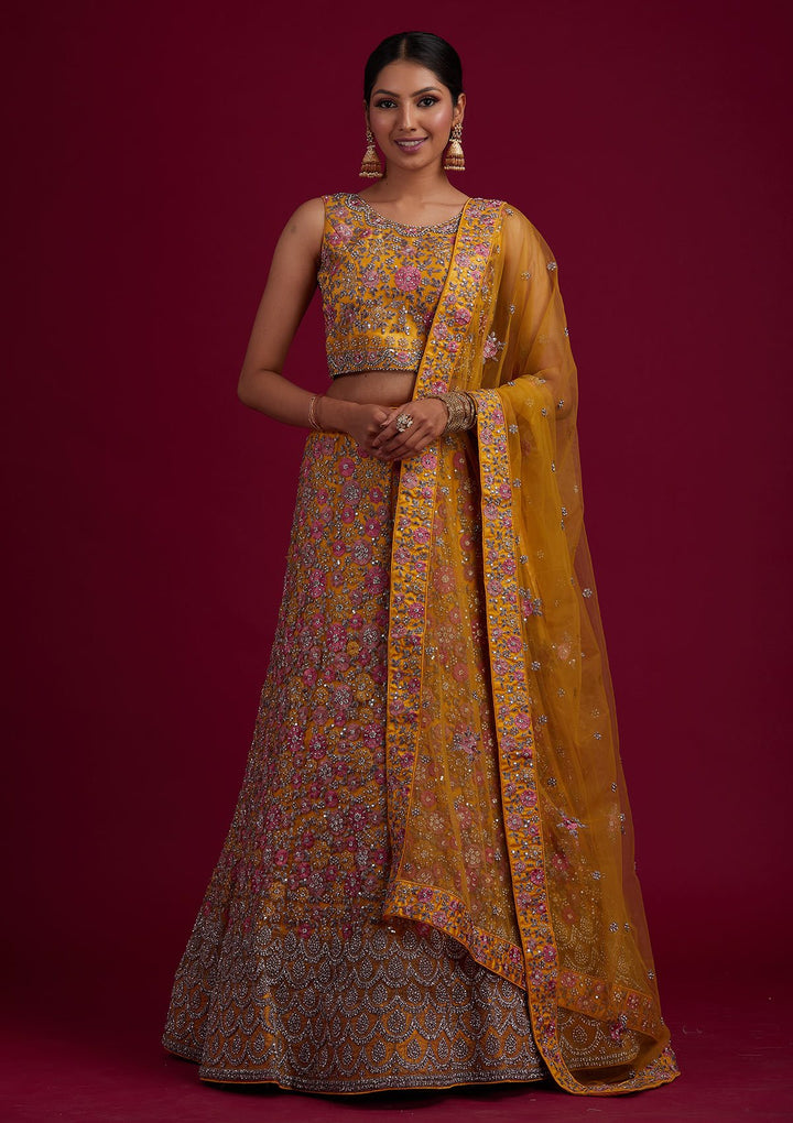 Yellow Silver Stonework Net Designer Semi-Stitched Lehenga - koskii