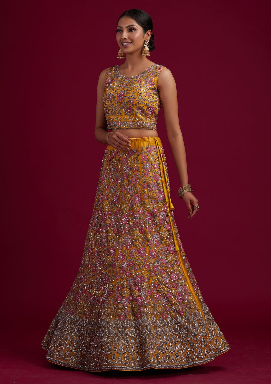 Yellow Silver Stonework Net Designer Semi-Stitched Lehenga - koskii