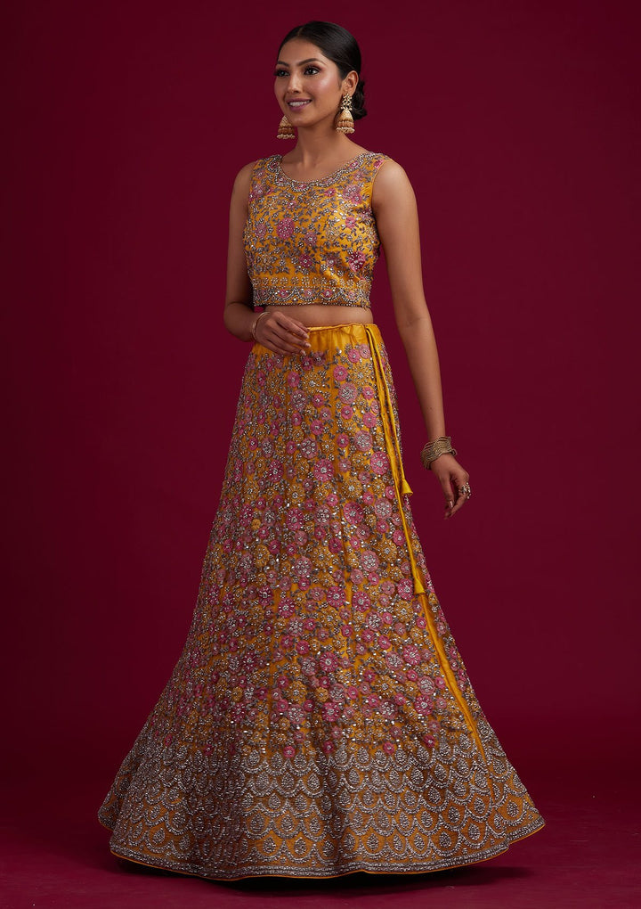 Yellow Silver Stonework Net Designer Semi-Stitched Lehenga - koskii