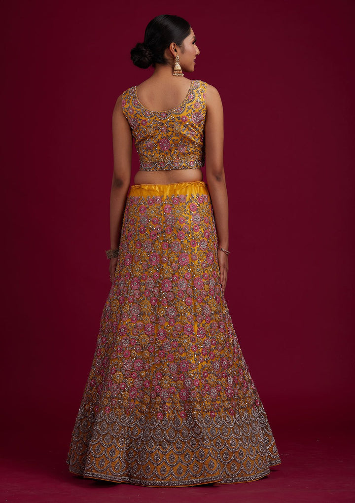 Yellow Silver Stonework Net Designer Semi-Stitched Lehenga - koskii