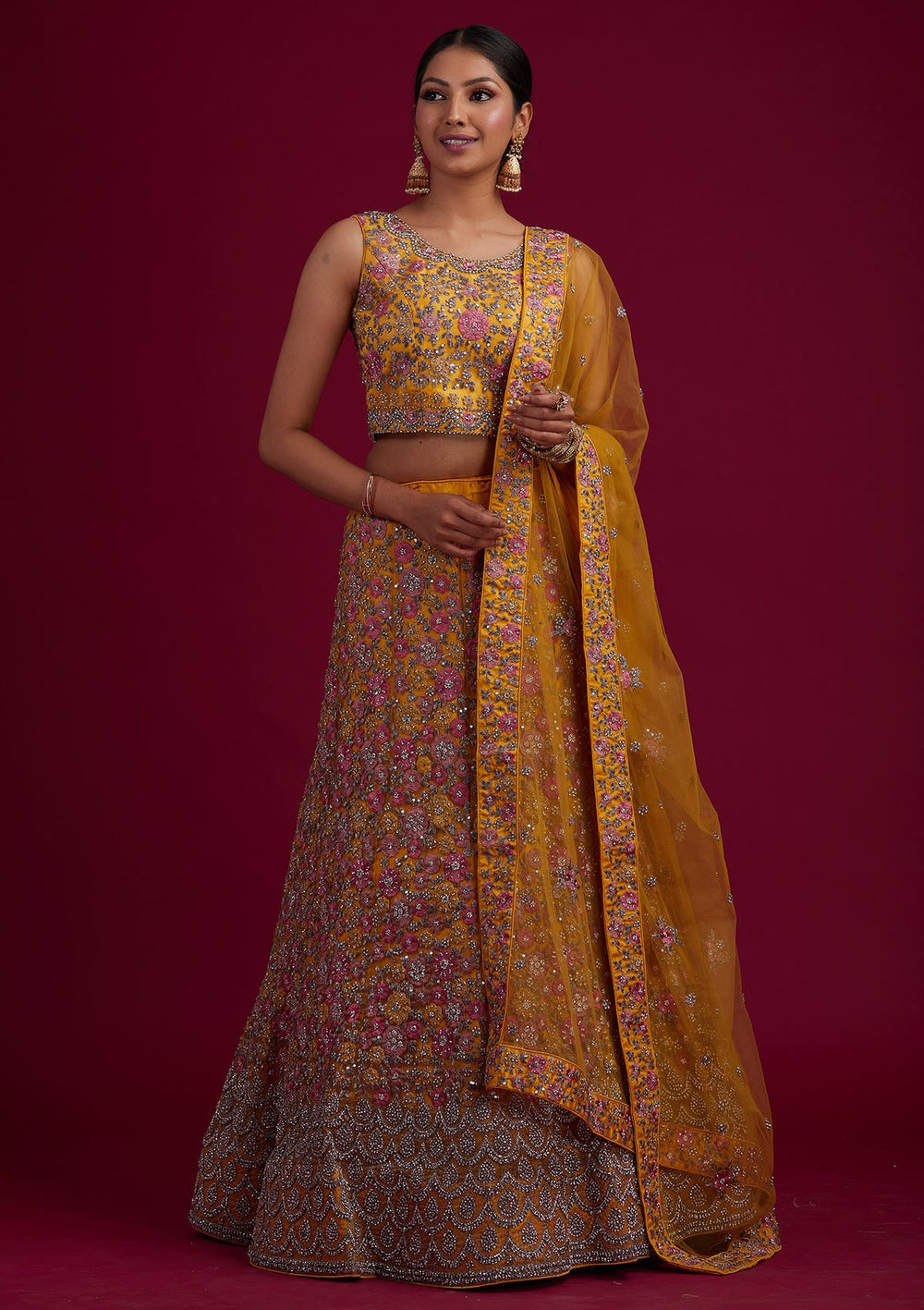 Yellow Silver Stonework Net Designer Semi-Stitched Lehenga - koskii