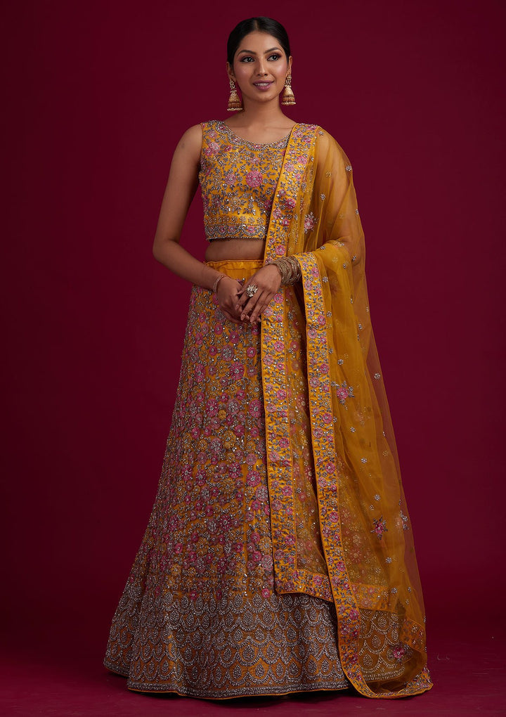 Yellow Silver Stonework Net Designer Semi-Stitched Lehenga - koskii