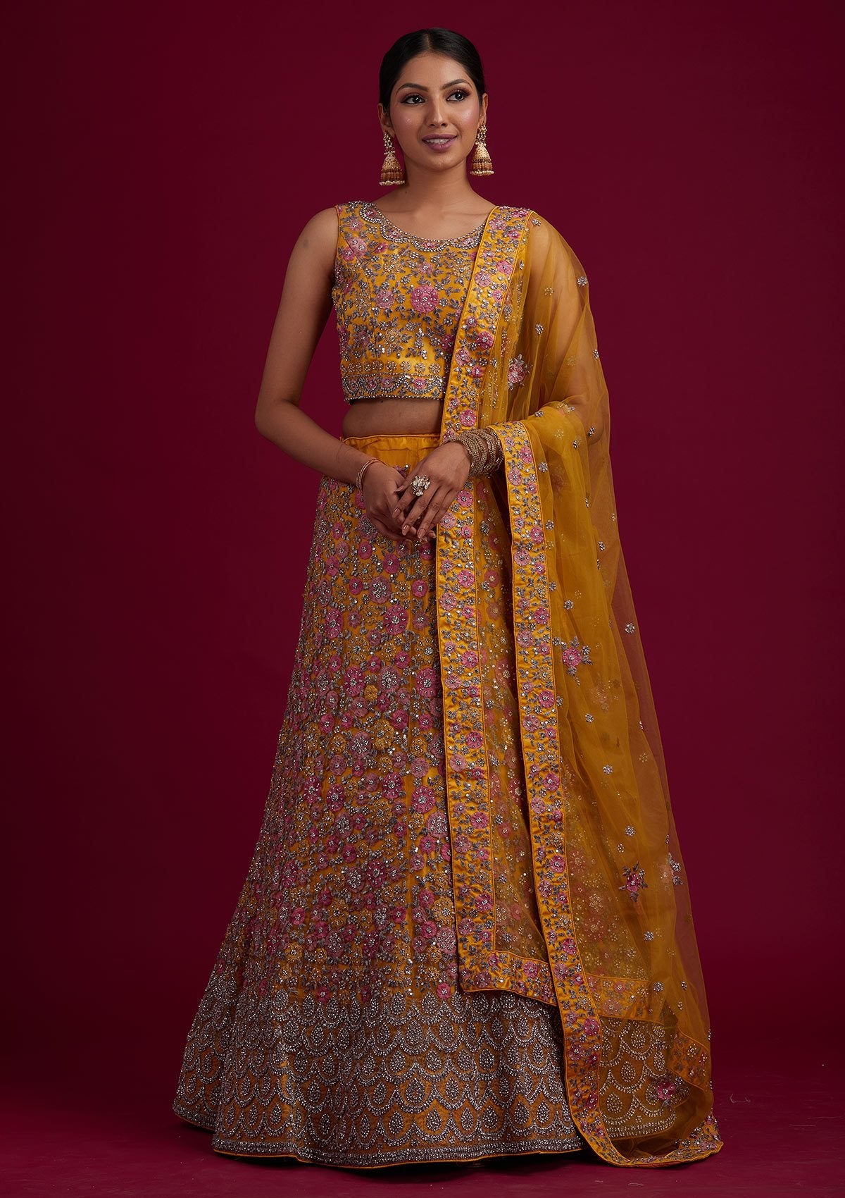 Yellow Silver Stonework Net Designer Semi-Stitched Lehenga - koskii