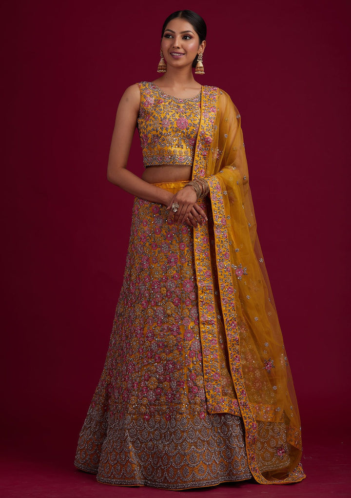 Yellow Silver Stonework Net Designer Semi-Stitched Lehenga - koskii