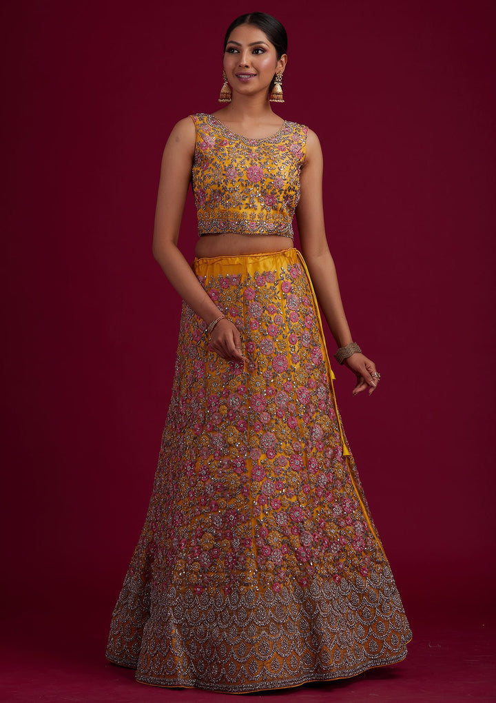 Yellow Silver Stonework Net Designer Semi-Stitched Lehenga - koskii