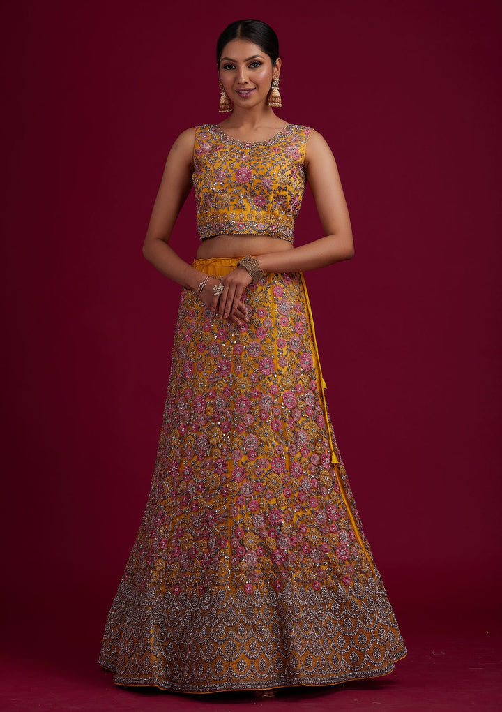 Yellow Silver Stonework Net Designer Semi-Stitched Lehenga - koskii