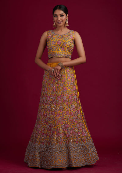 Yellow Silver Stonework Net Designer Semi-Stitched Lehenga - koskii