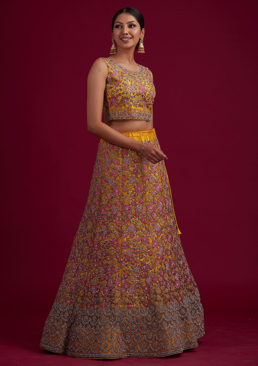 Yellow Silver Stonework Net Designer Semi-Stitched Lehenga - koskii