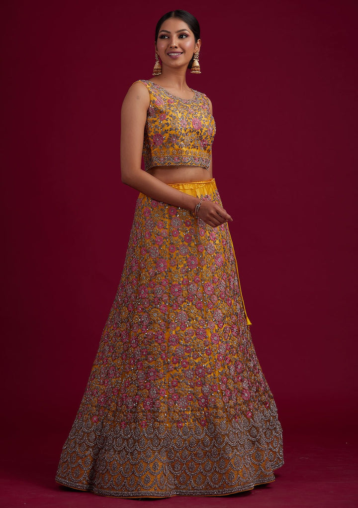 Yellow Silver Stonework Net Designer Semi-Stitched Lehenga - koskii
