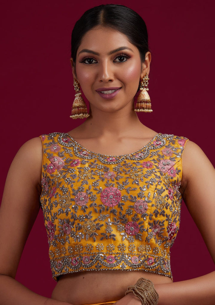 Yellow Silver Stonework Net Designer Semi-Stitched Lehenga - koskii