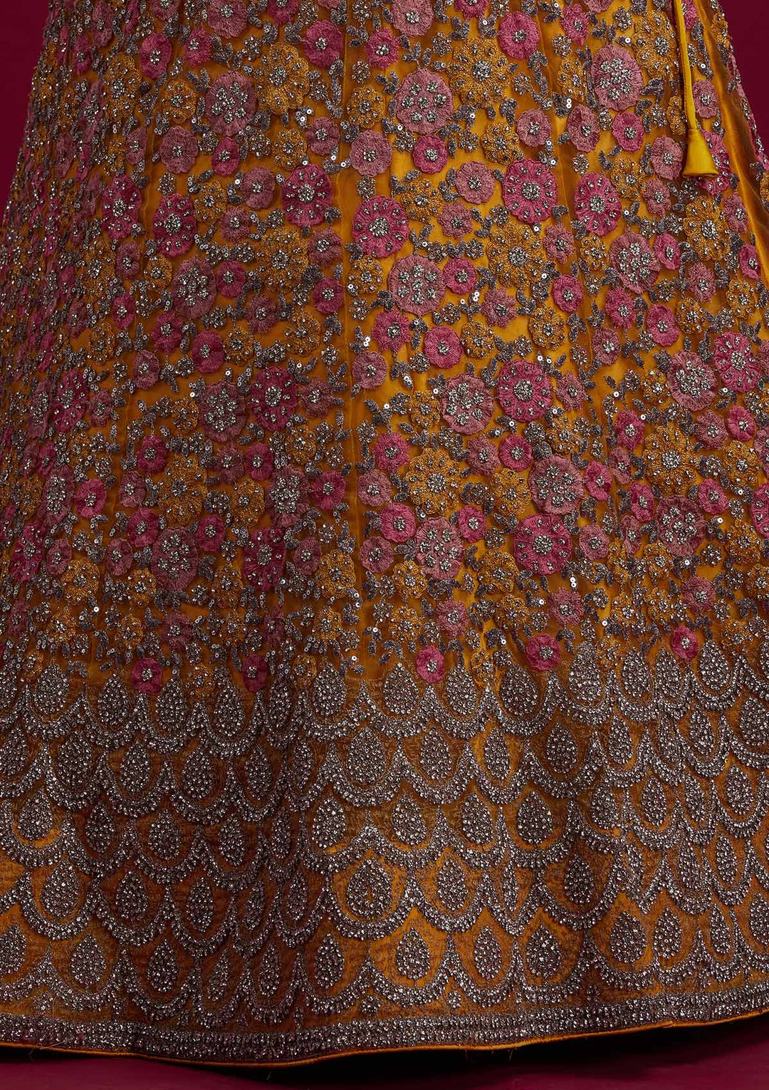 Yellow Silver Stonework Net Designer Semi-Stitched Lehenga - koskii