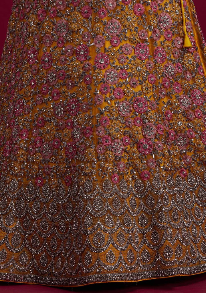 Yellow Silver Stonework Net Designer Semi-Stitched Lehenga - koskii