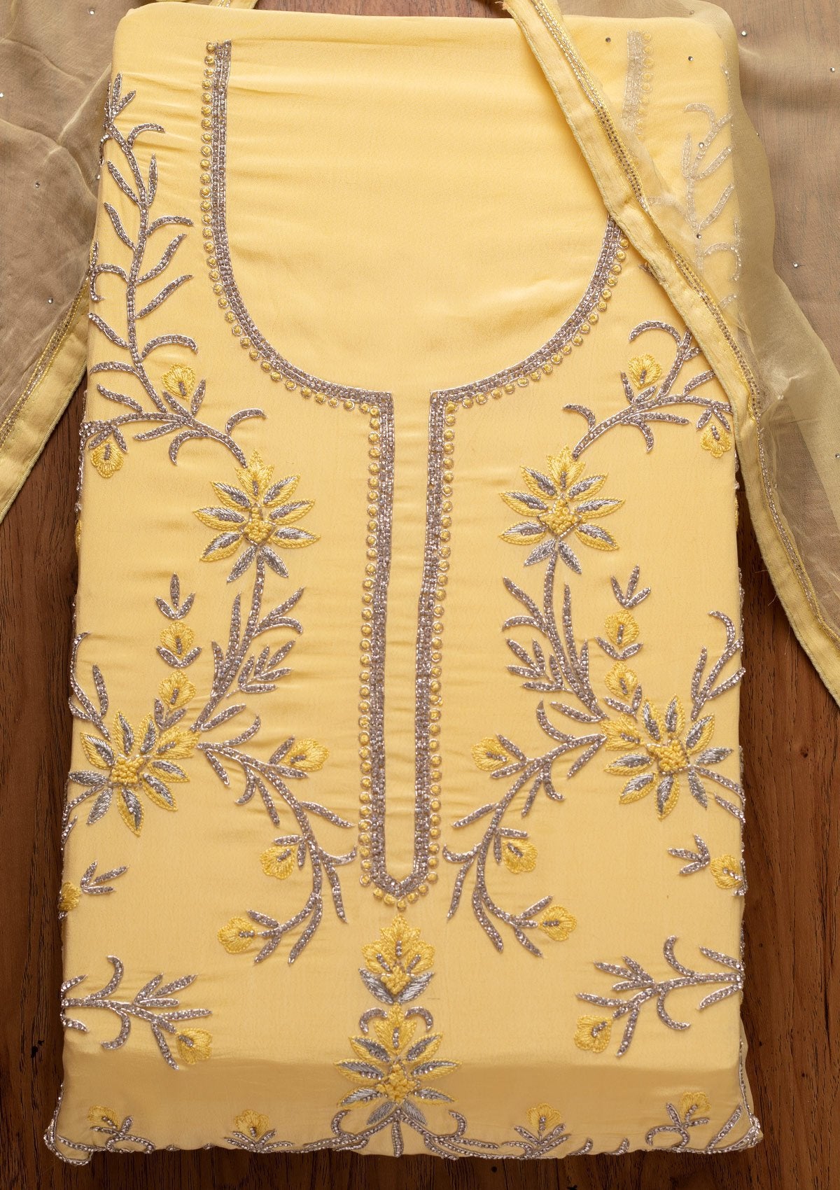 Yellow Silver Stonework Semi Crepe Designer Unstitched Salwar Suit - koskii